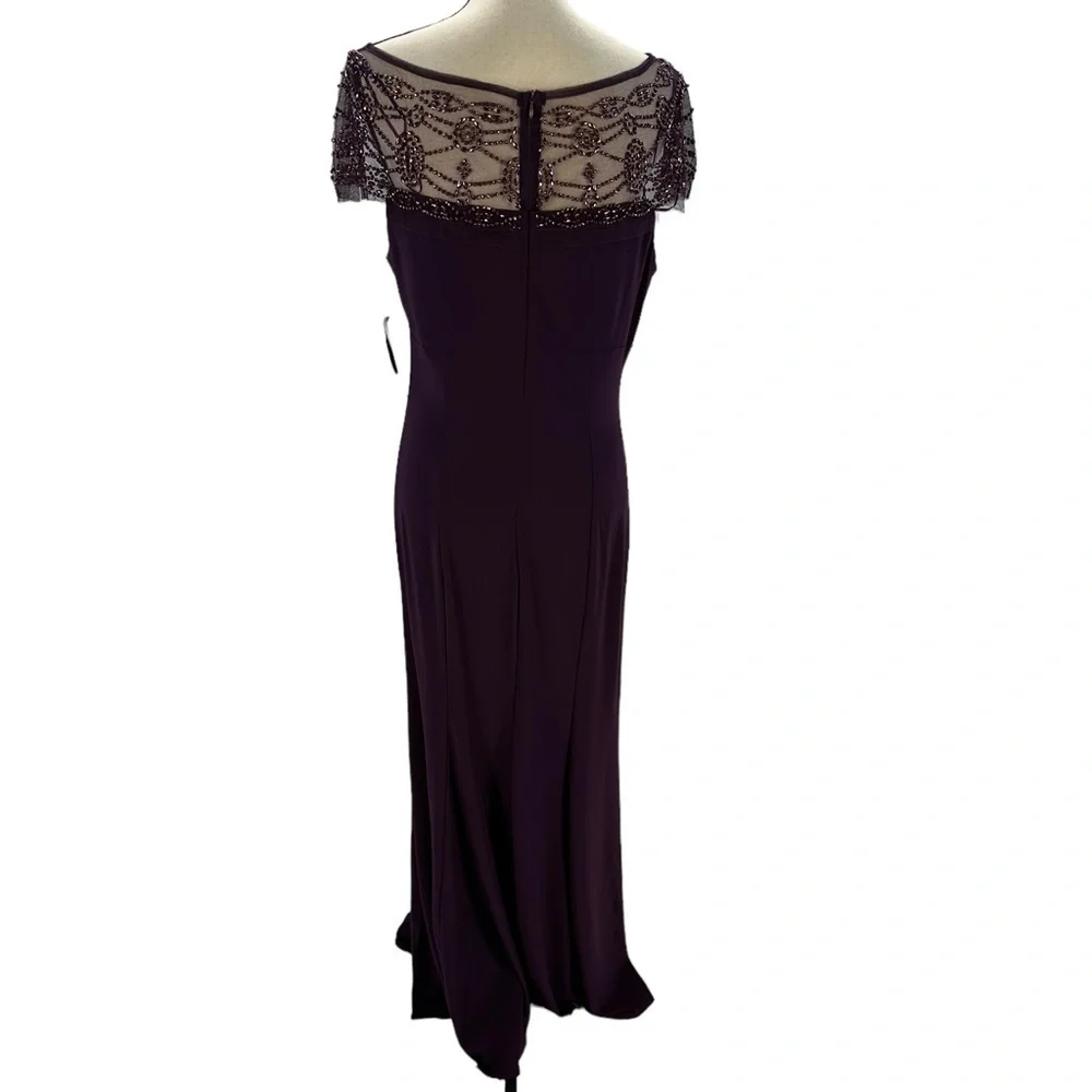 R&M Richards Sheer Beaded Neck and Shoulder Maxi Dress - Plum Purple - size 12 - Picture 4 of 12